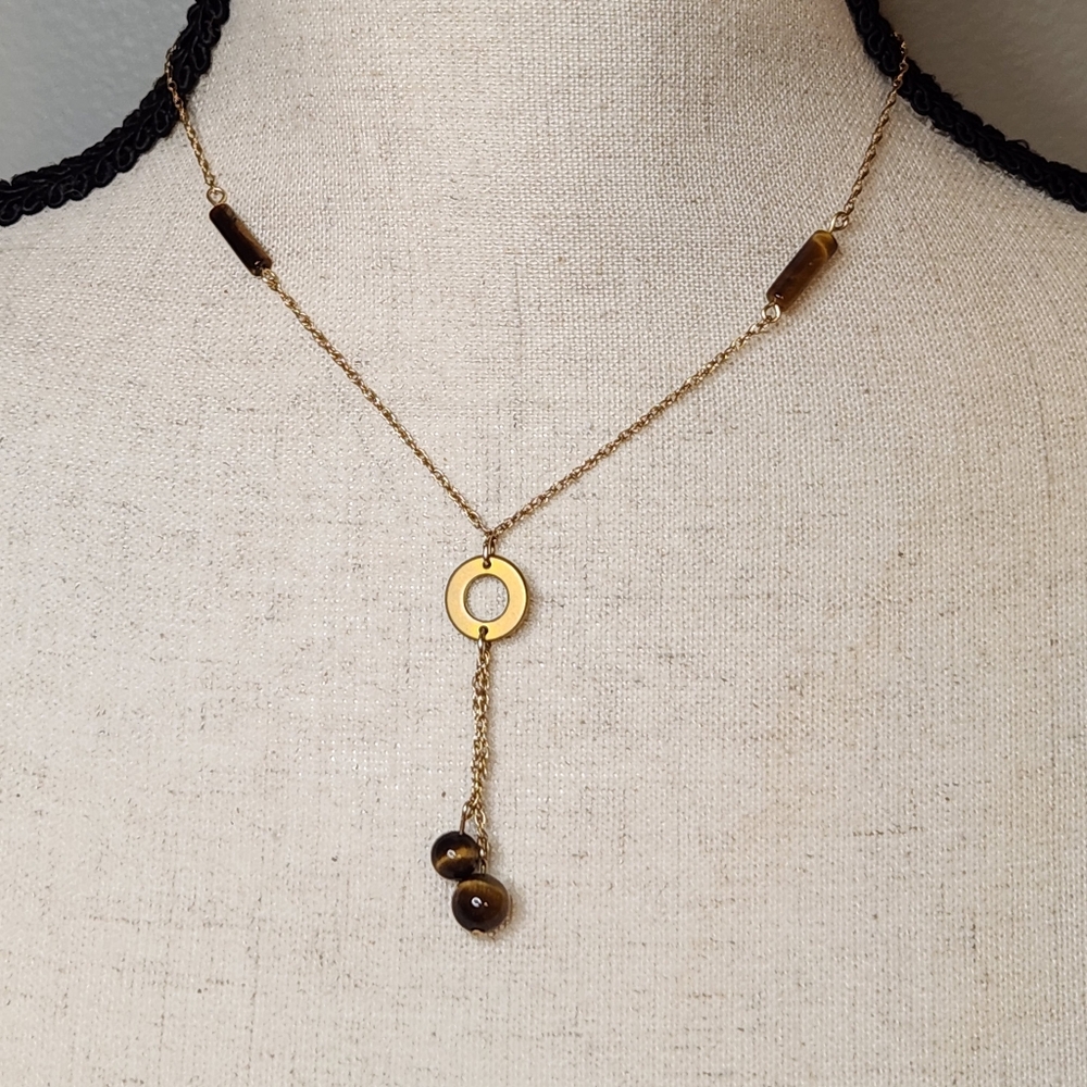 tiger eye y split lariat bolo necklace 14k 1/20 gf dainty boho